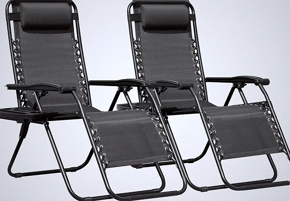 2 Zero Gravity Adjustable Foldable Steel Mesh Recliners with Cup Holders Black