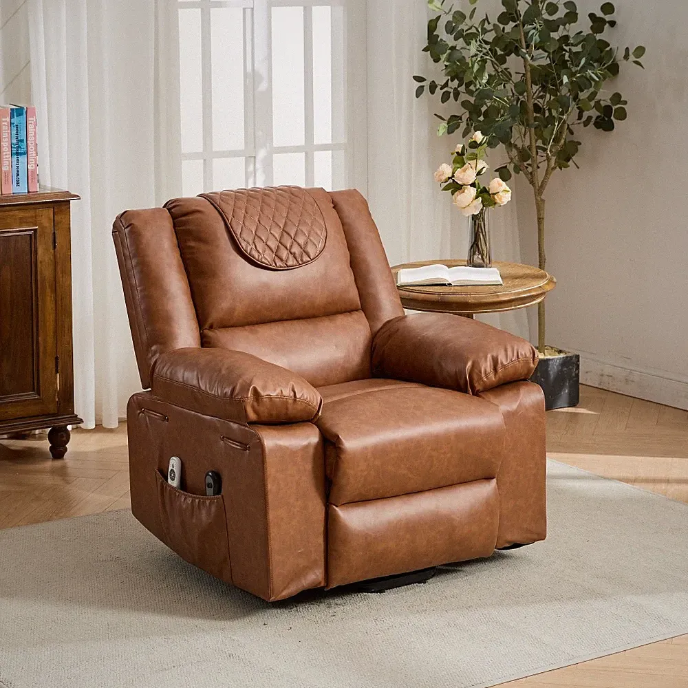 Brown PU Remote-Controlled Heating and Massage Assistive Recliner for Seniors