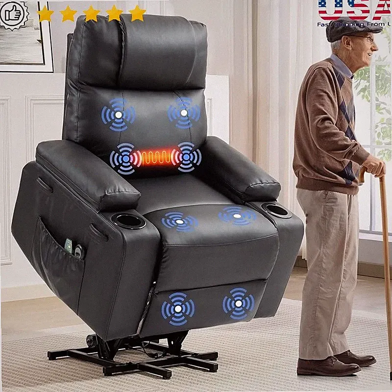 Power Lift Recliner Chair Seniors W/ 8-Point Massage Lumbar Heat Cup Holder New